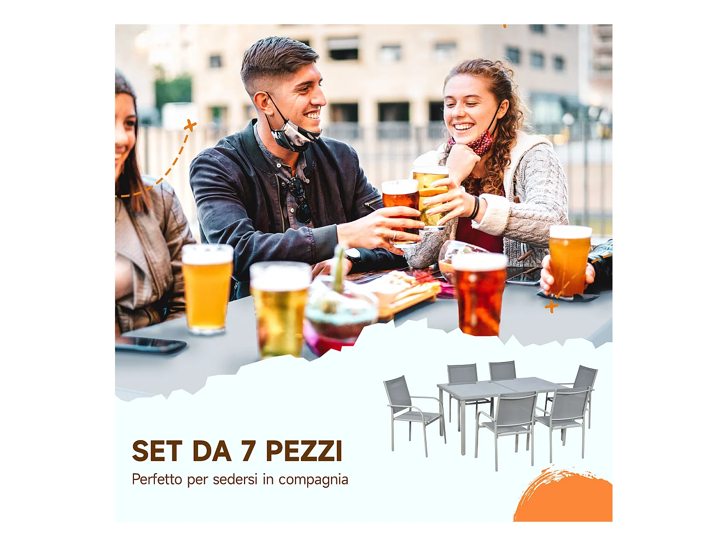 Set tavolo da giardino e 6 sedie con tessuto a rete