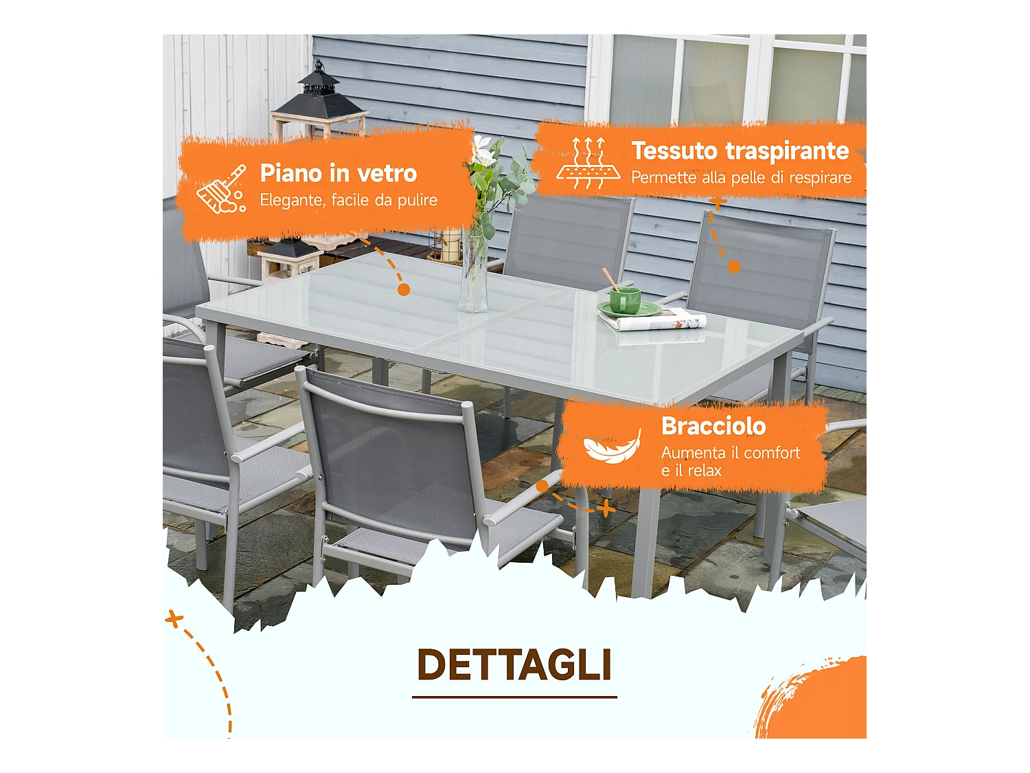 Set tavolo da giardino e 6 sedie con tessuto a rete
