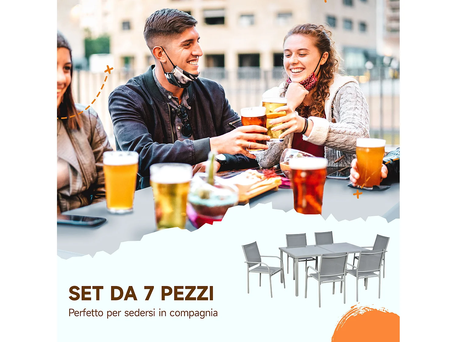 Set tavolo da giardino e 6 sedie con tessuto a rete