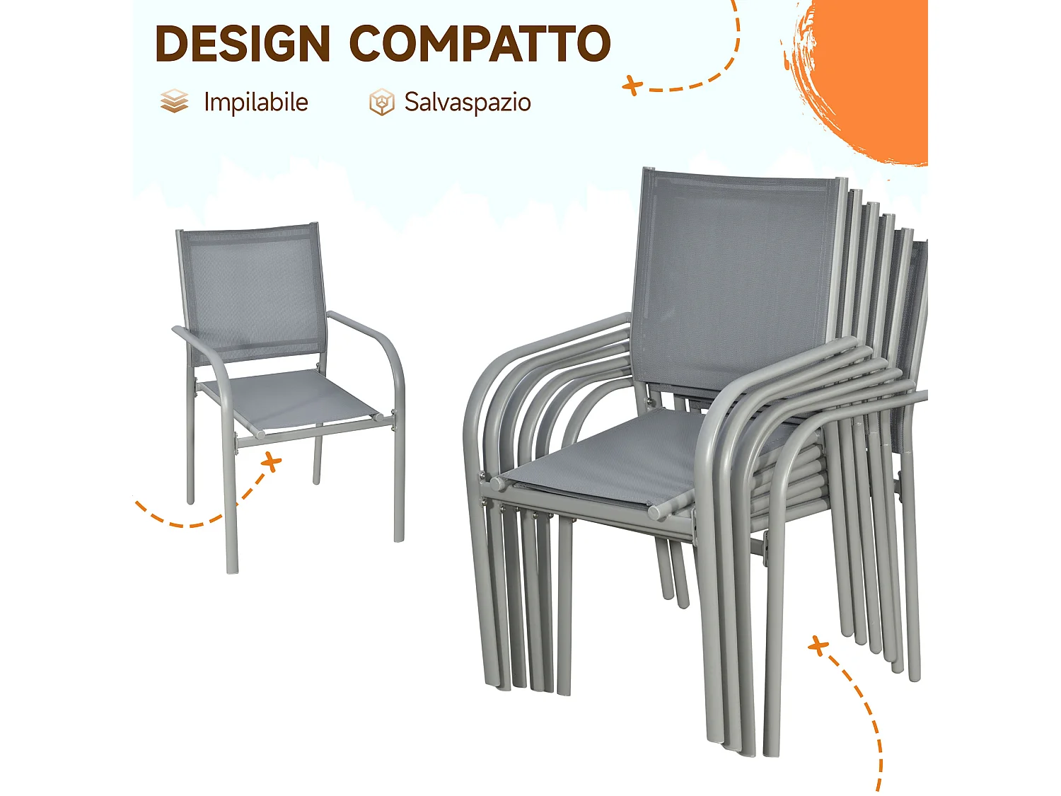 Set tavolo da giardino e 6 sedie con tessuto a rete