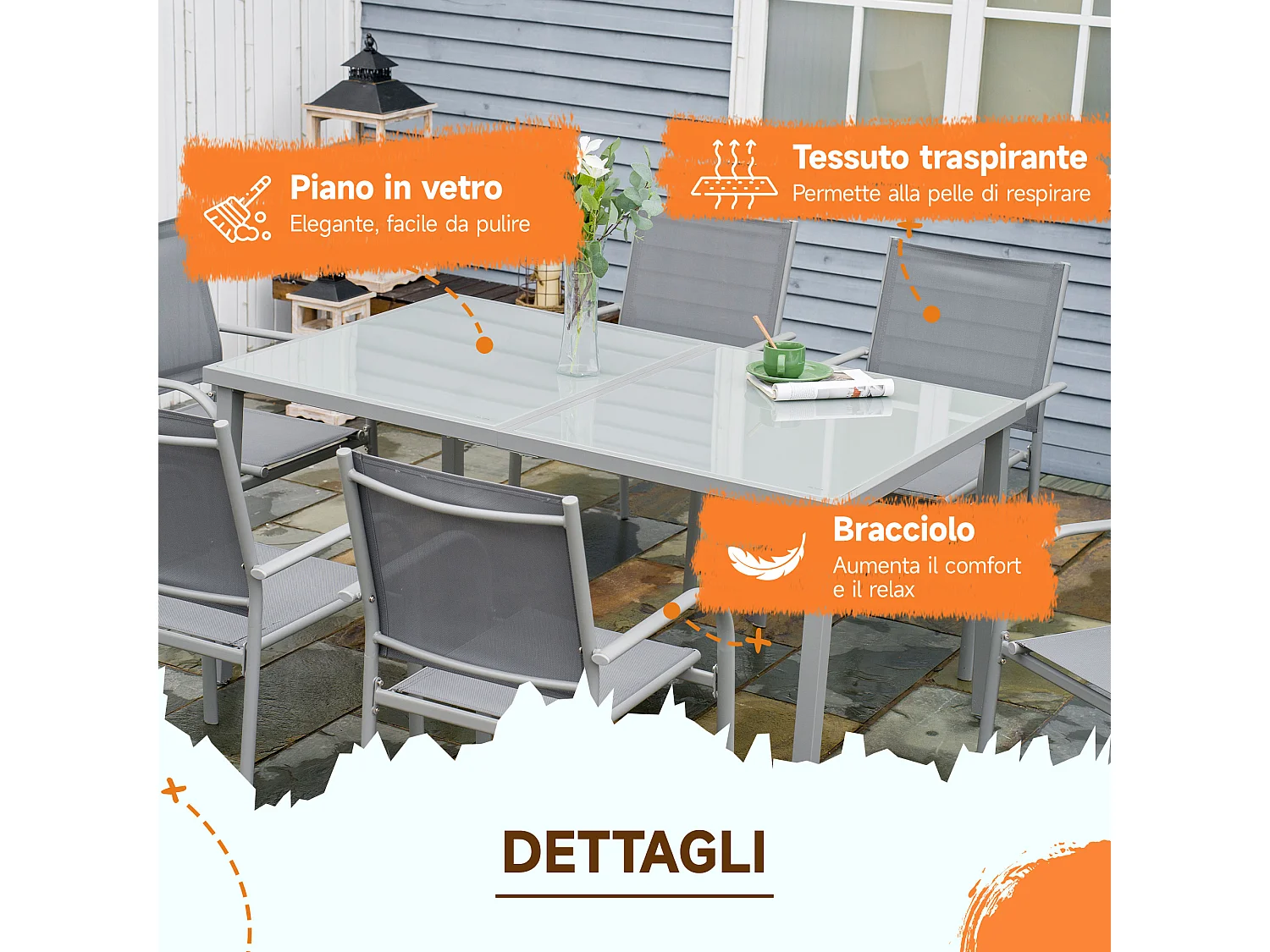 Set tavolo da giardino e 6 sedie con tessuto a rete