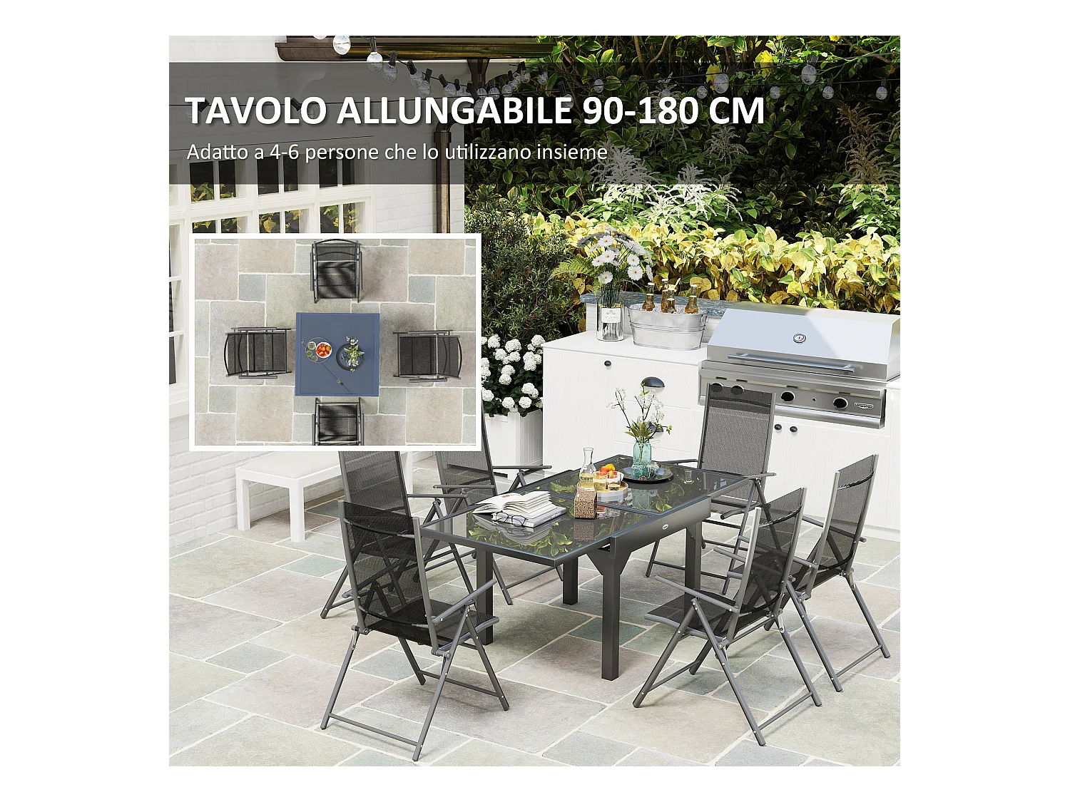 Set da giardino con tavolo allungabile e 6 sedie pieghevoli grigio