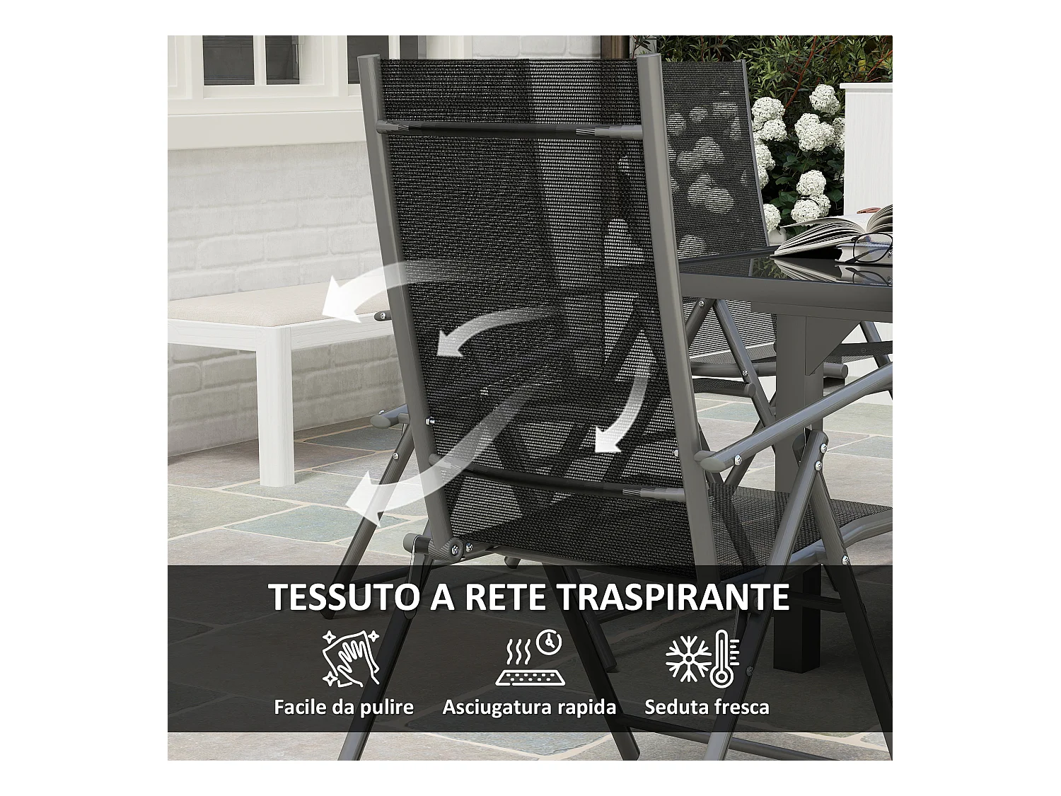Set da giardino con tavolo allungabile e 6 sedie pieghevoli grigio