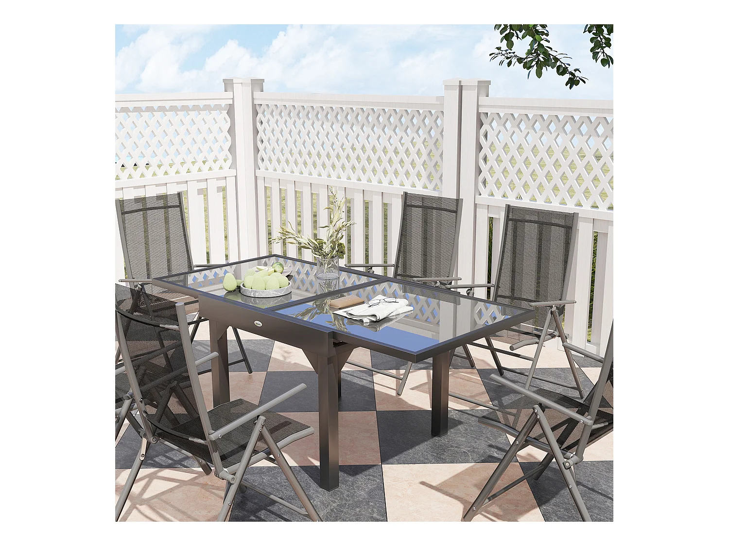 Set da giardino con tavolo allungabile e 6 sedie pieghevoli grigio