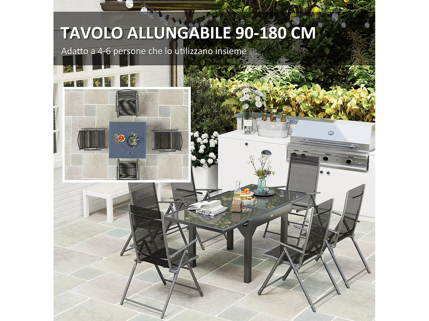 Set da giardino con tavolo allungabile e 6 sedie pieghevoli grigio