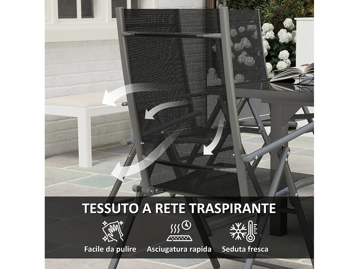 Set da giardino con tavolo allungabile e 6 sedie pieghevoli grigio