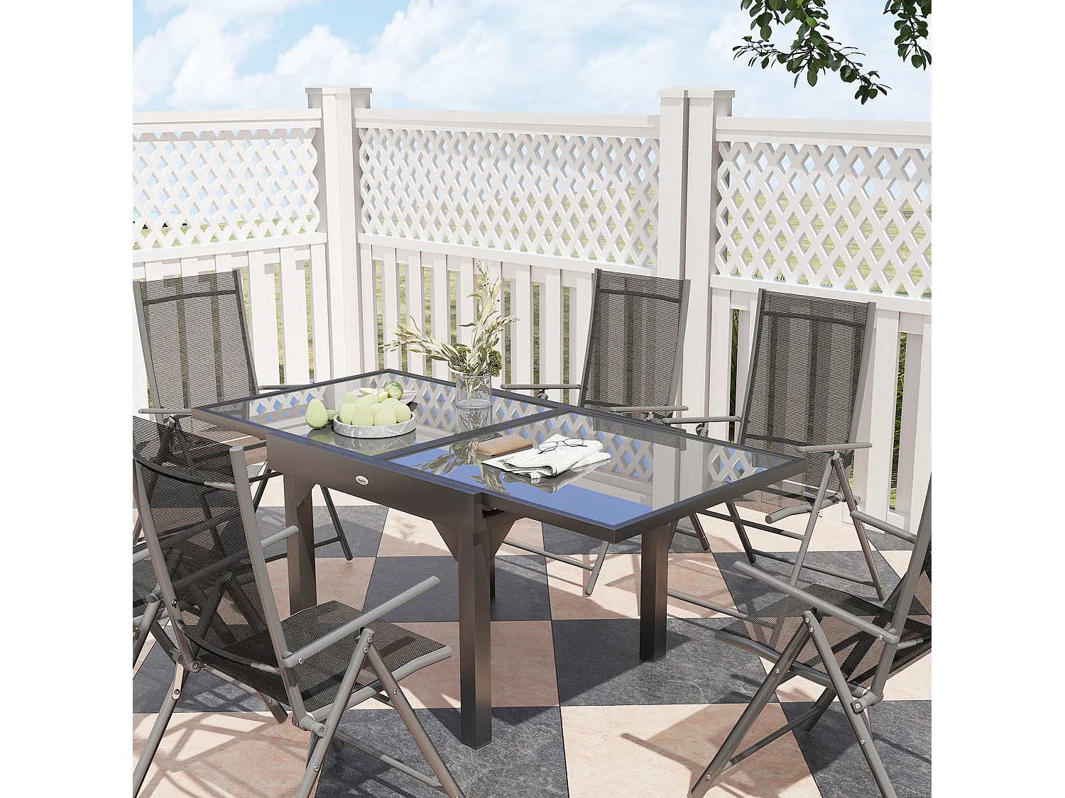 Set da giardino con tavolo allungabile e 6 sedie pieghevoli grigio