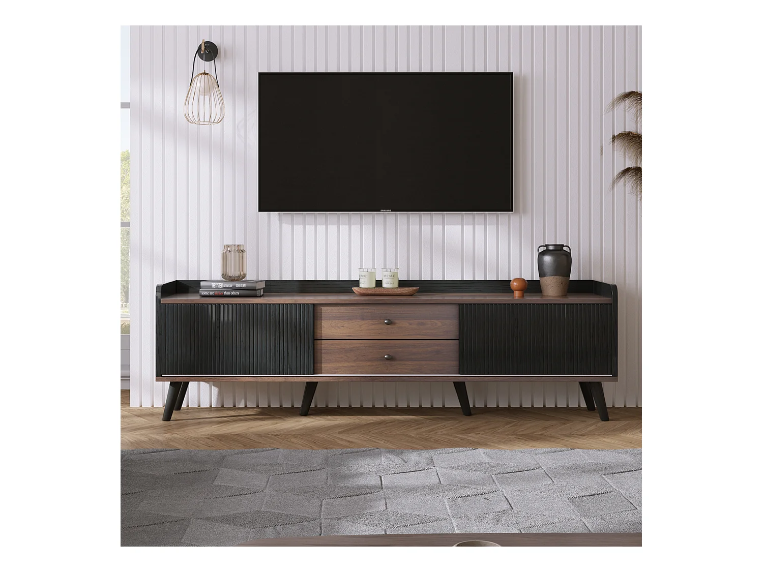 Meuble TV 2 tiroirs, lowboard H58xL160xP40 cm, noir et bois naturel
