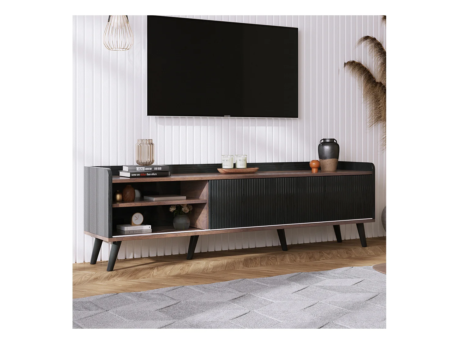 Meuble TV 2 tiroirs, lowboard H58xL160xP40 cm, noir et bois naturel