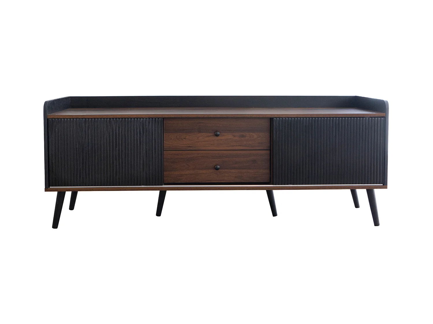 Meuble TV 2 tiroirs, lowboard H58xL160xP40 cm, noir et bois naturel