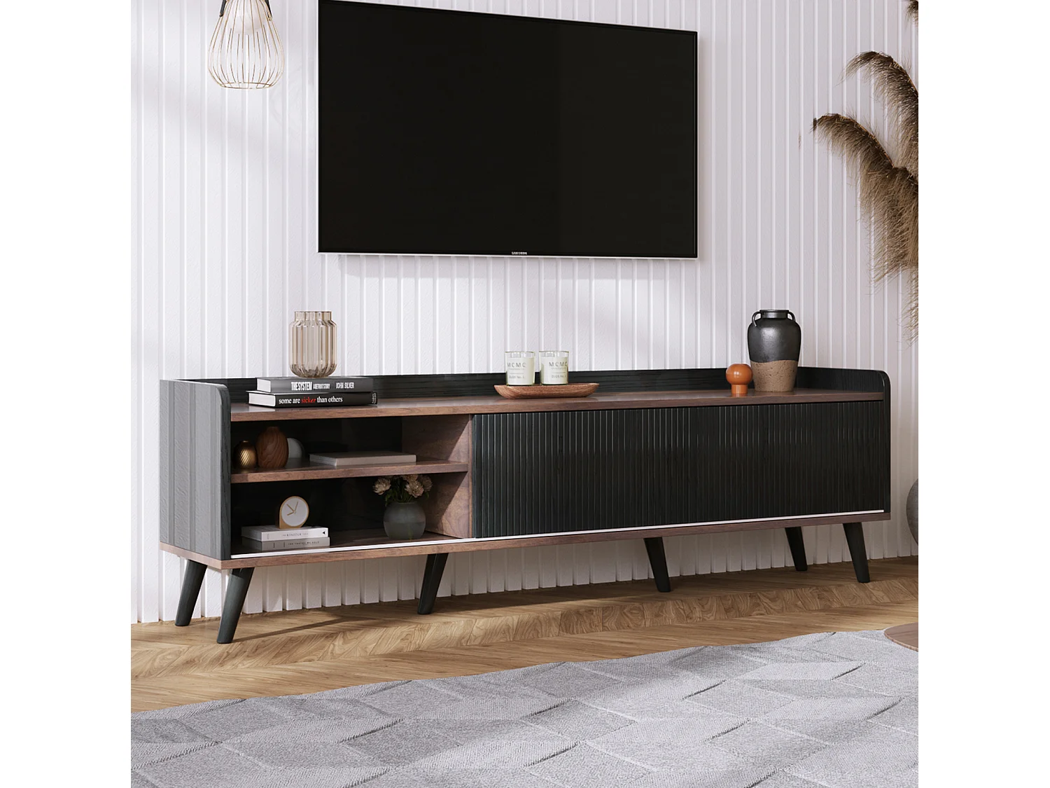 Meuble TV 2 tiroirs, lowboard H58xL160xP40 cm, noir et bois naturel