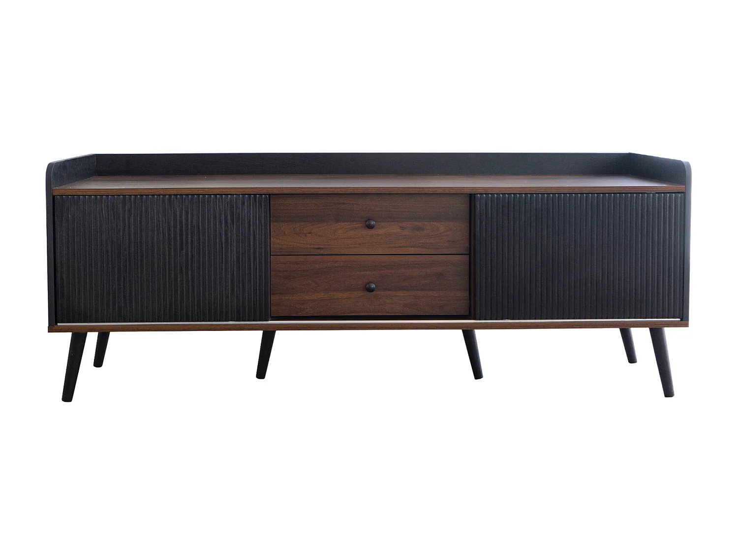 Meuble TV 2 tiroirs, lowboard H58xL160xP40 cm, noir et bois naturel