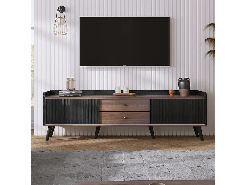 Meuble TV 2 tiroirs, lowboard H58xL160xP40 cm, noir et bois naturel