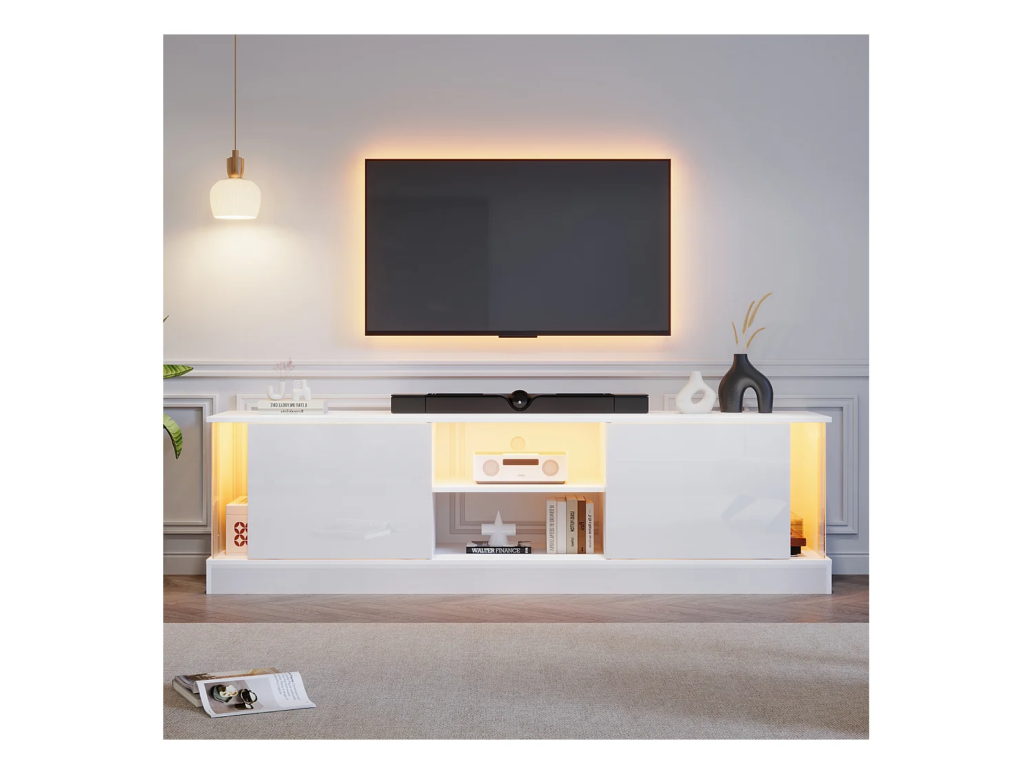 Meuble TV, blanc brillant, avec éclairage LED, jusqu'à 70 pouces, sur pied