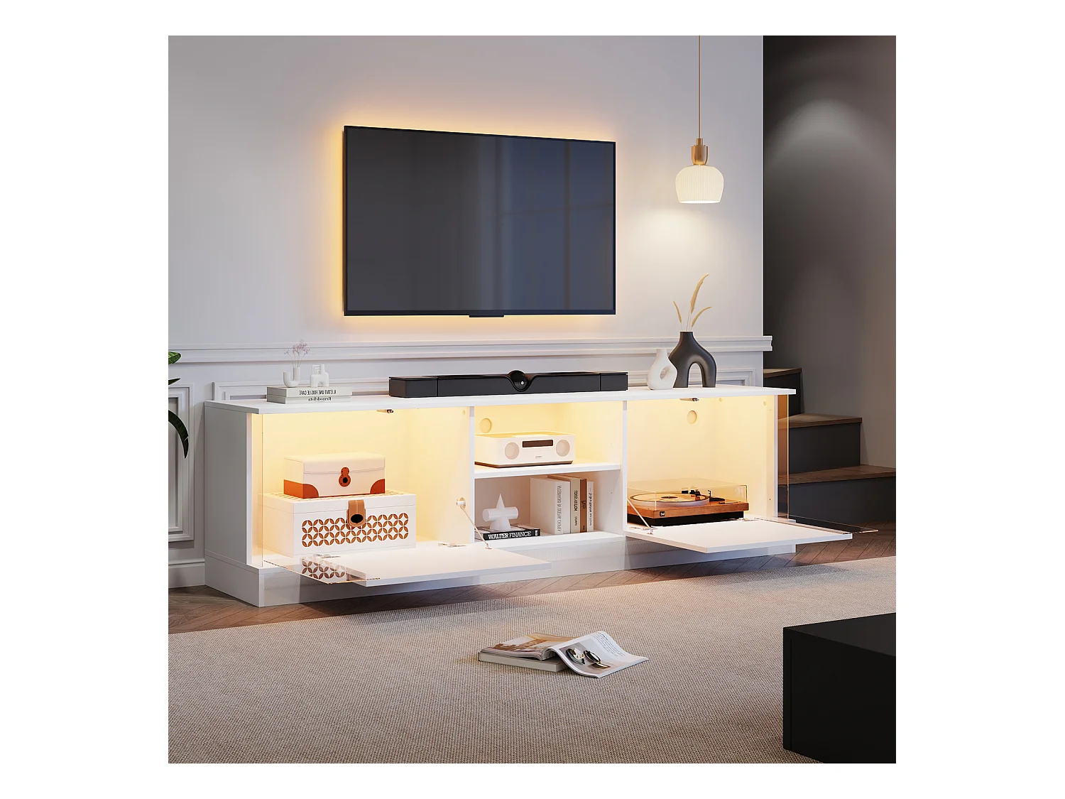 Meuble TV, blanc brillant, avec éclairage LED, jusqu'à 70 pouces, sur pied