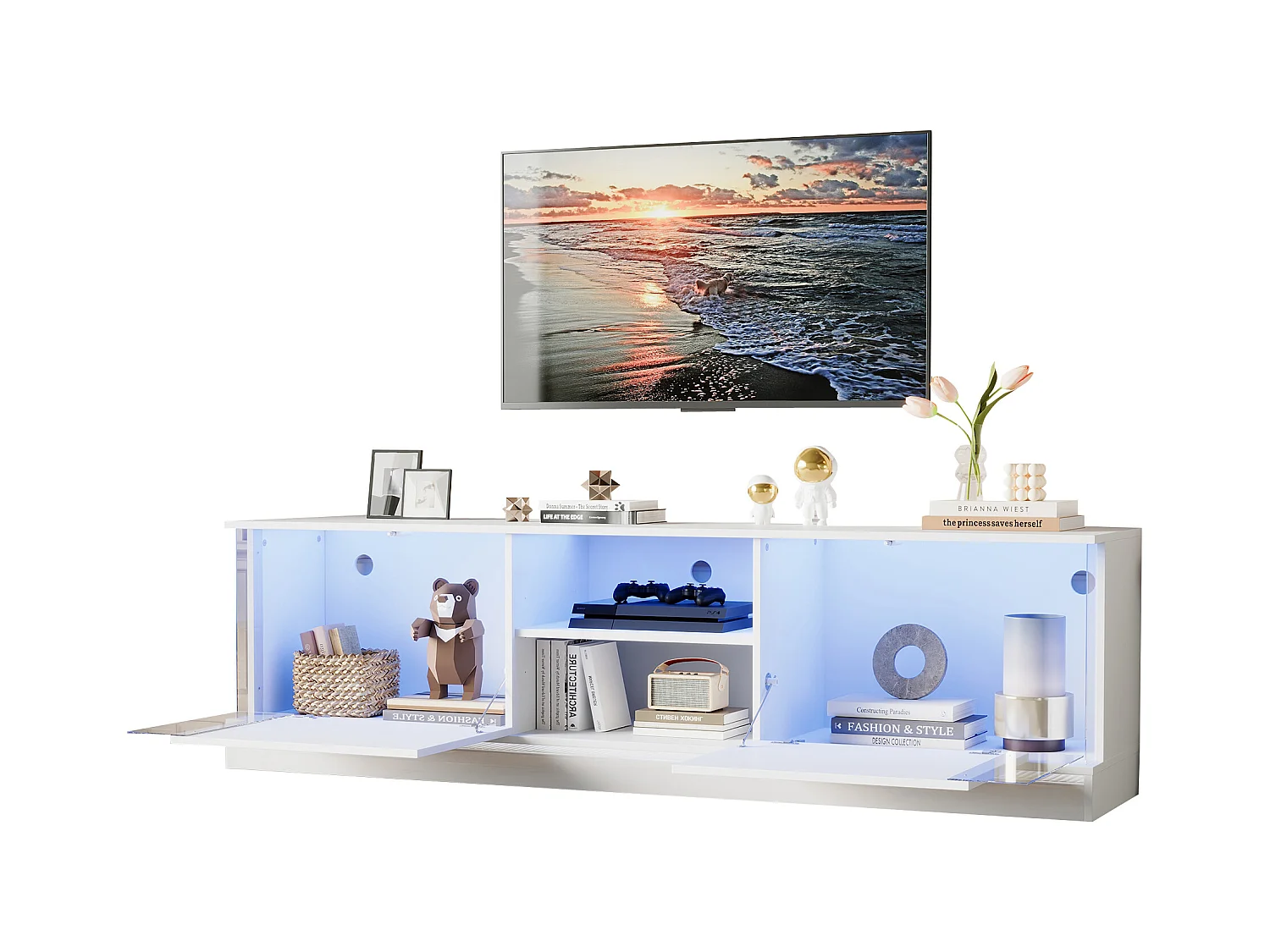 Meuble TV, blanc brillant, avec éclairage LED, jusqu'à 70 pouces, sur pied