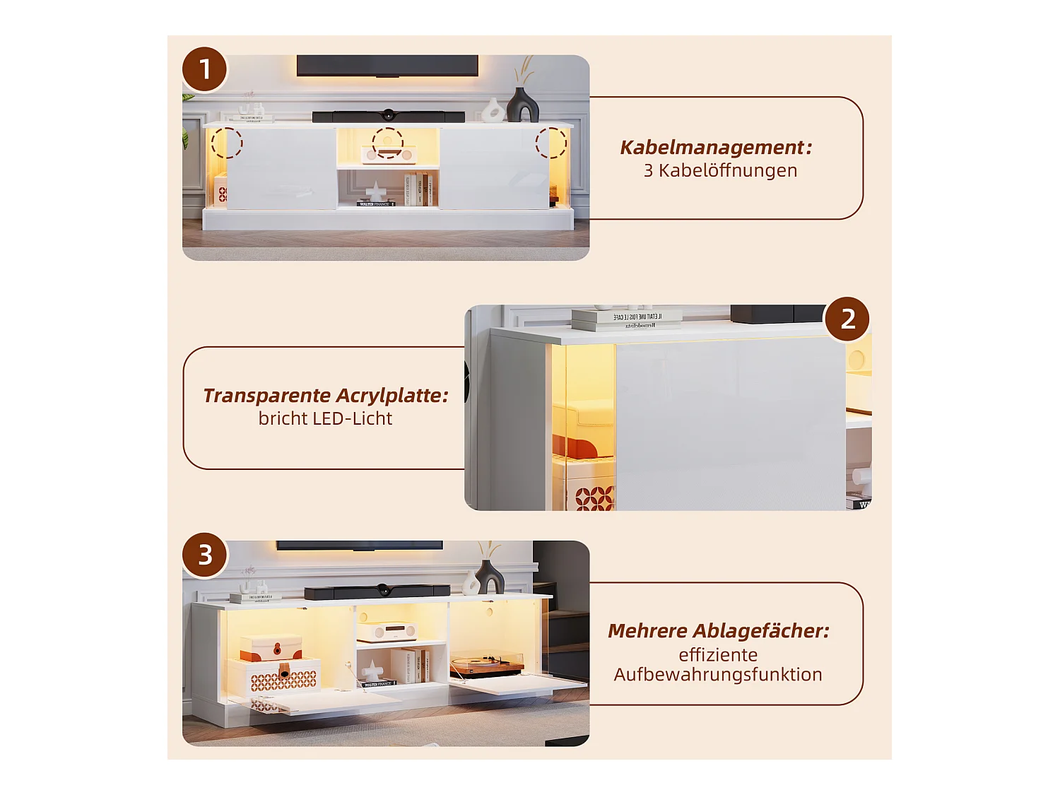 Meuble TV, blanc brillant, avec éclairage LED, jusqu'à 70 pouces, sur pied