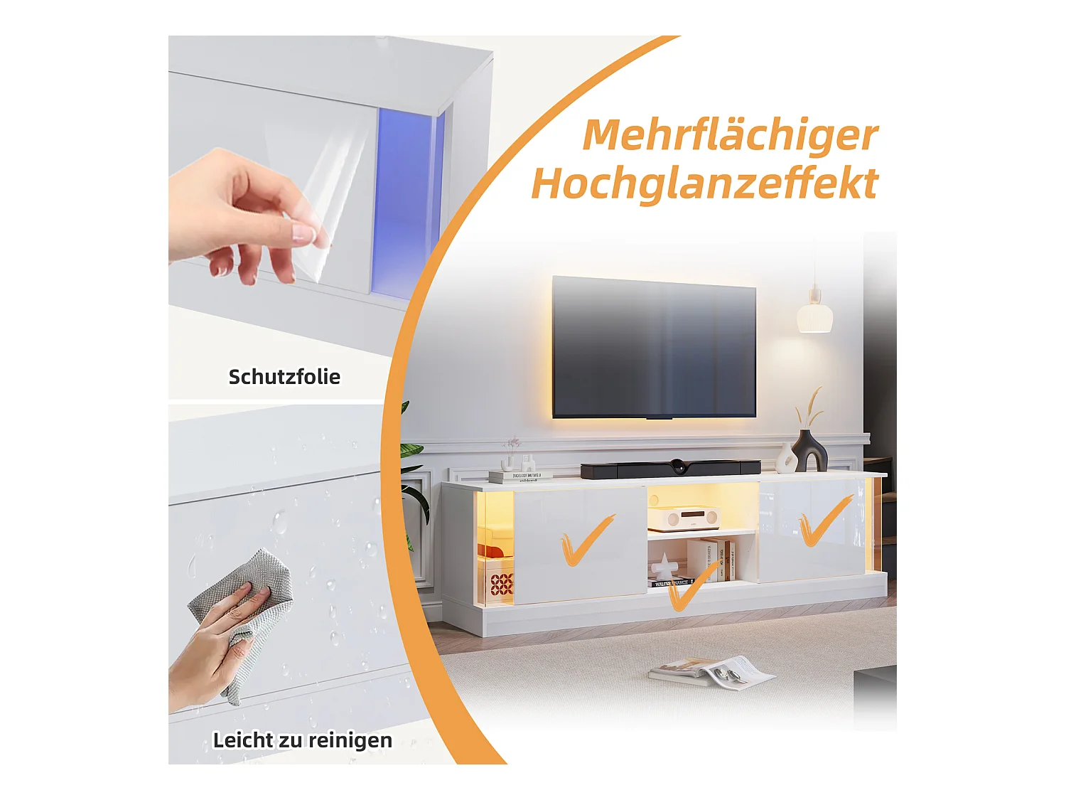 Meuble TV, blanc brillant, avec éclairage LED, jusqu'à 70 pouces, sur pied