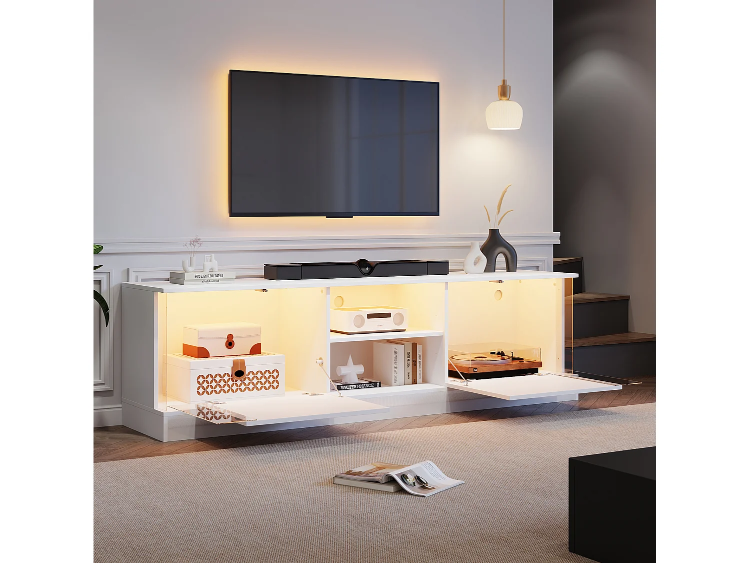 Meuble TV, blanc brillant, avec éclairage LED, jusqu'à 70 pouces, sur pied