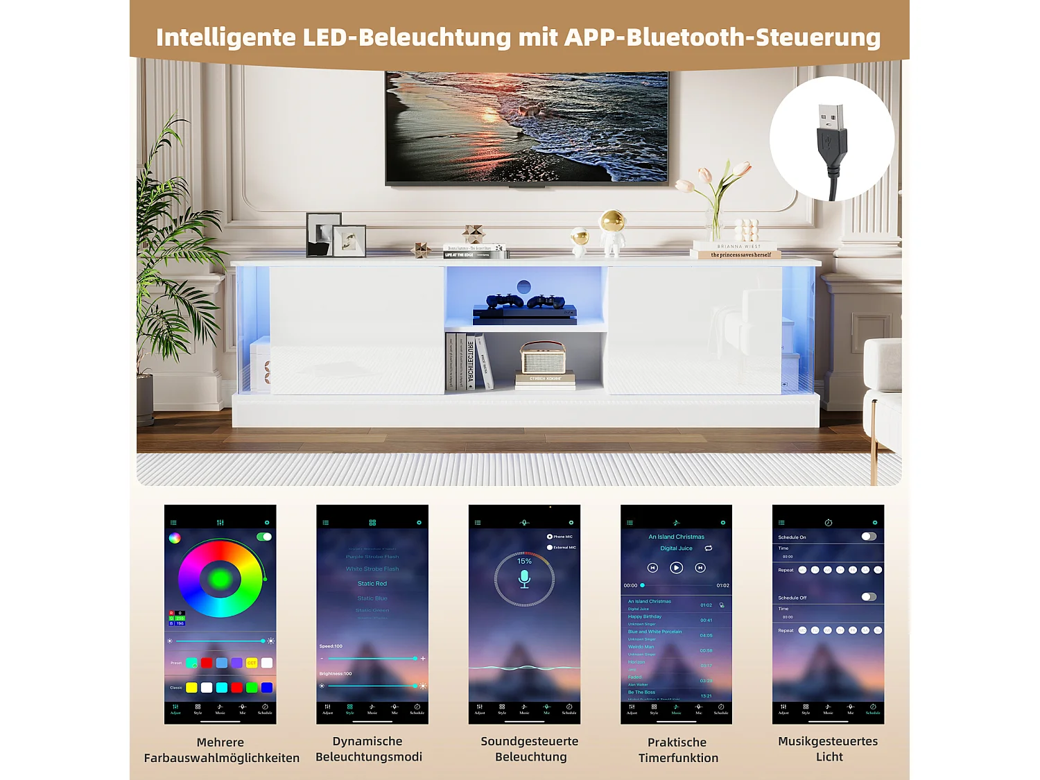 Meuble TV, blanc brillant, avec éclairage LED, jusqu'à 70 pouces, sur pied