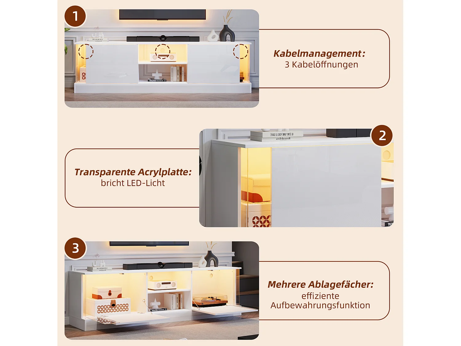 Meuble TV, blanc brillant, avec éclairage LED, jusqu'à 70 pouces, sur pied