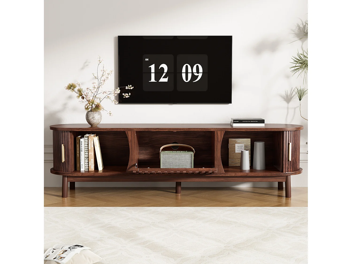 TV-Schrank 165x39,5x46cm braun, Schiebetür, klappbare Tür, für bis 65 Zoll