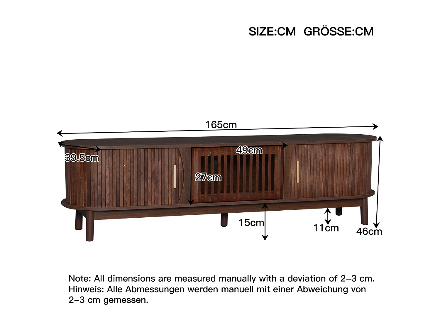 TV-Schrank 165x39,5x46cm braun, Schiebetür, klappbare Tür, für bis 65 Zoll