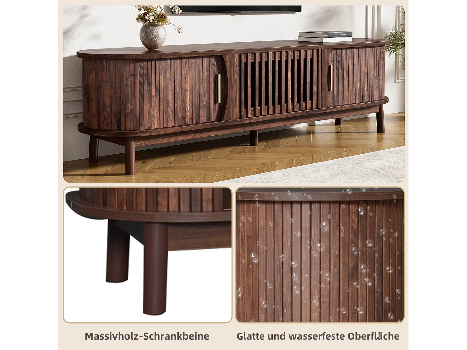 TV-Schrank 165x39,5x46cm braun, Schiebetür, klappbare Tür, für bis 65 Zoll