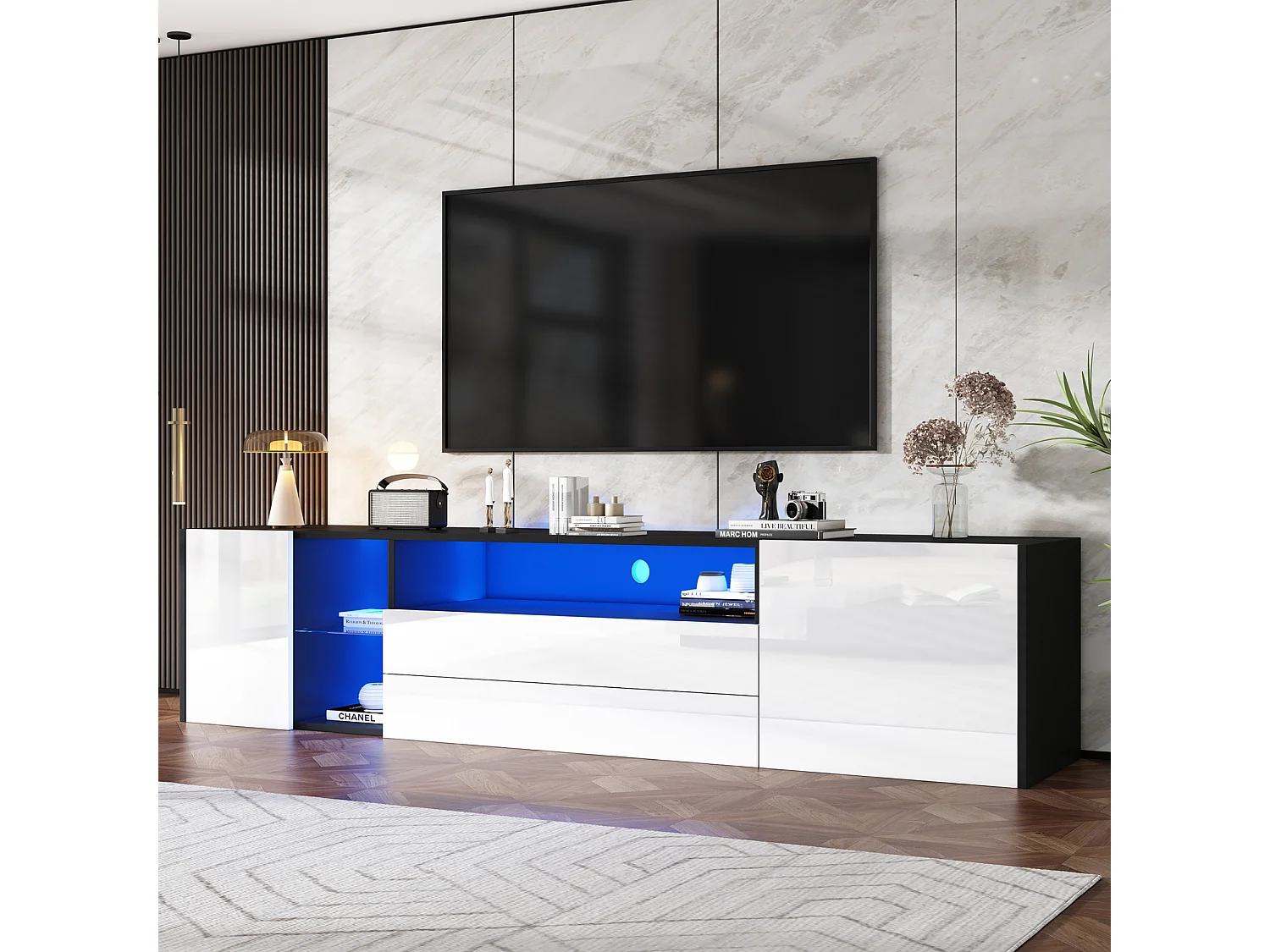 Armário de TV 180x40x45cm, Brilhante com LED, 2 gavetas e 2 armários, Preto-Branco