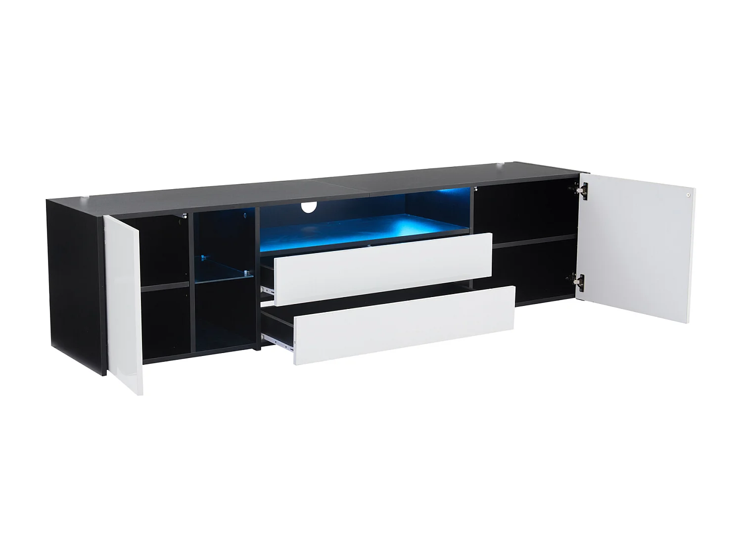 Armário de TV 180x40x45cm, Brilhante com LED, 2 gavetas e 2 armários, Preto-Branco