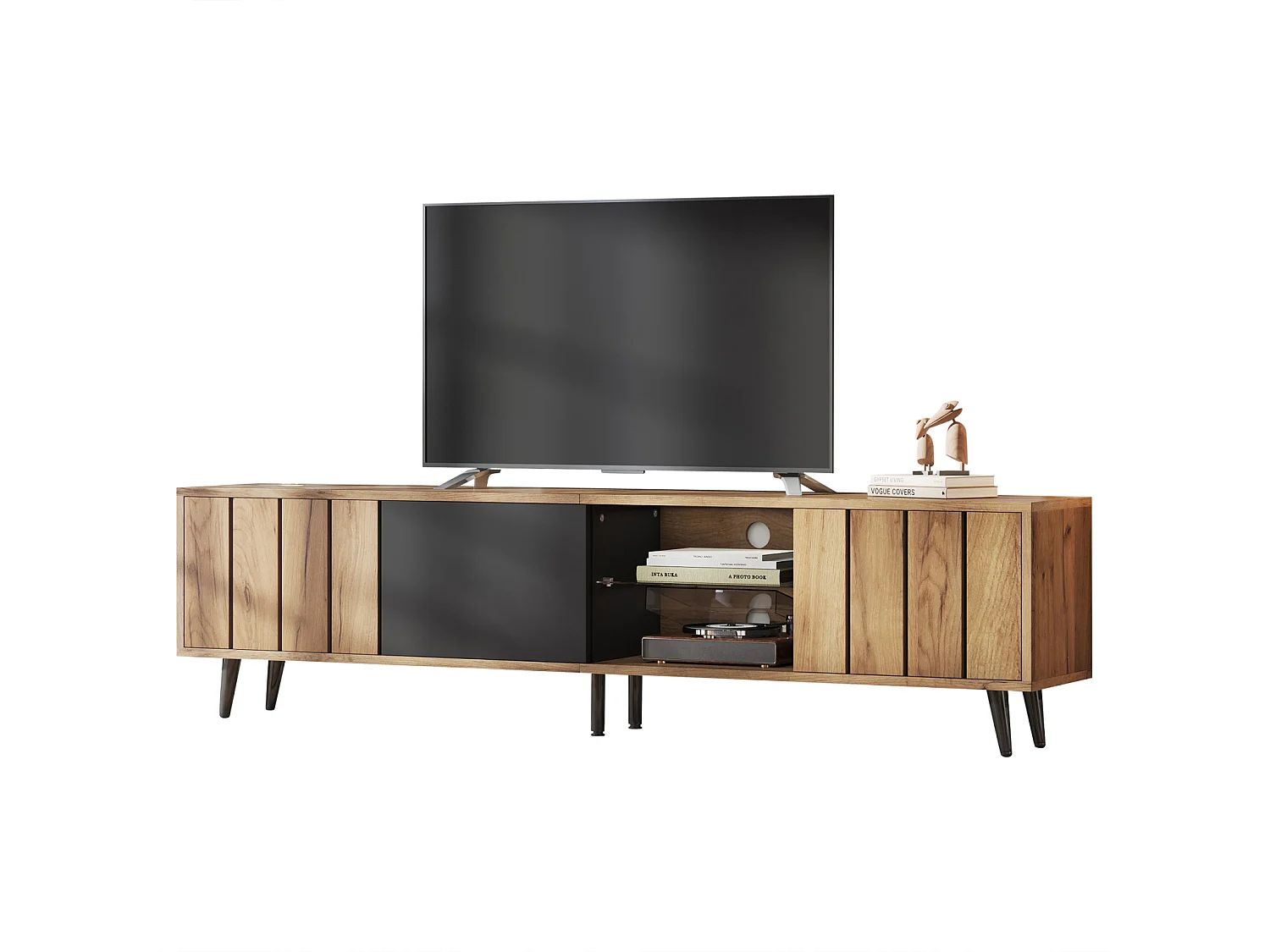 Mueble TV 175x31,5x45cm, 3 armarios, madera y negro, para hasta 75 pulgadas, minimalista