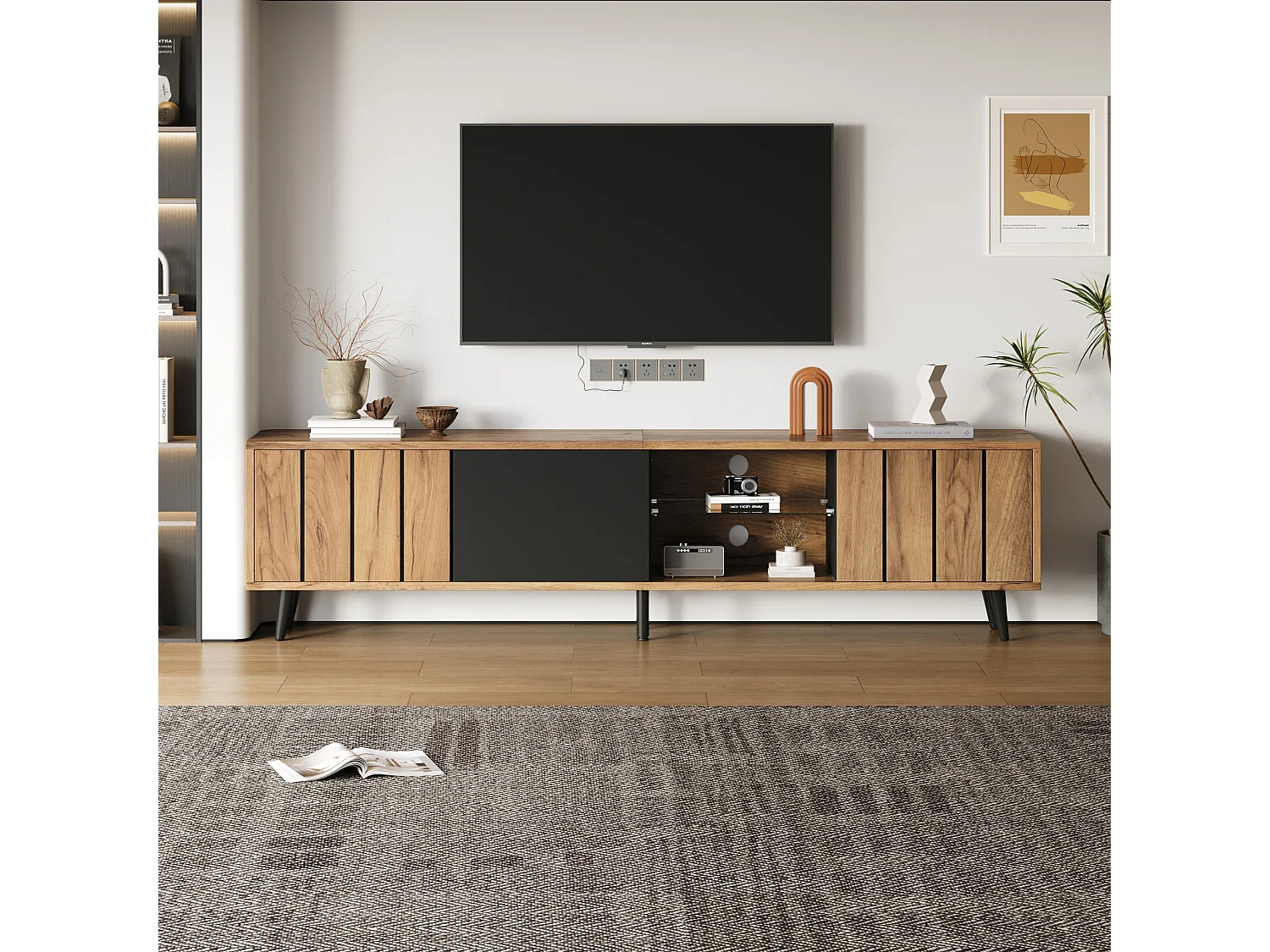 Mueble TV 175x31,5x45cm, 3 armarios, madera y negro, para hasta 75 pulgadas, minimalista