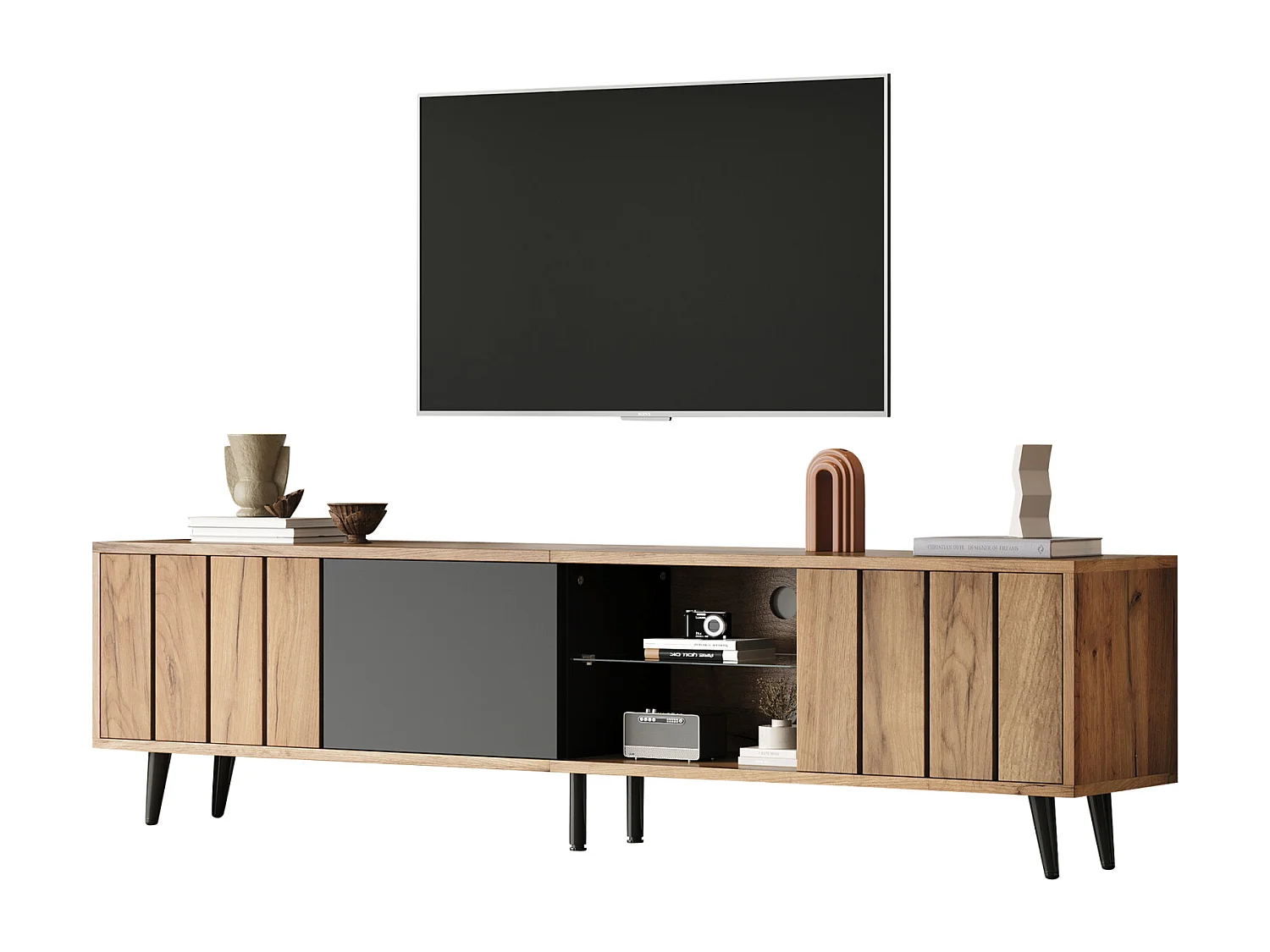 Mueble TV 175x31,5x45cm, 3 armarios, madera y negro, para hasta 75 pulgadas, minimalista