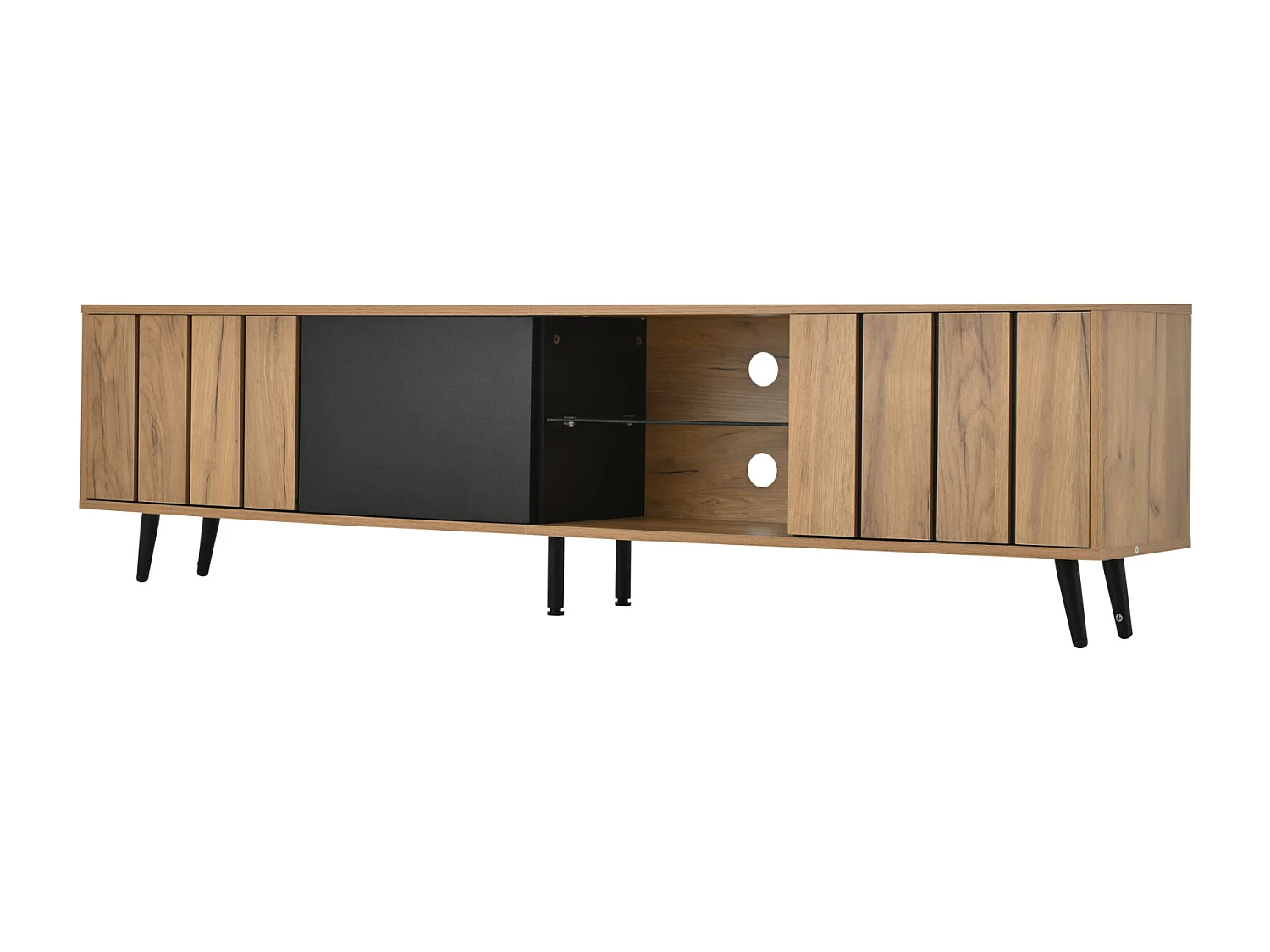 Mueble TV 175x31,5x45cm, 3 armarios, madera y negro, para hasta 75 pulgadas, minimalista