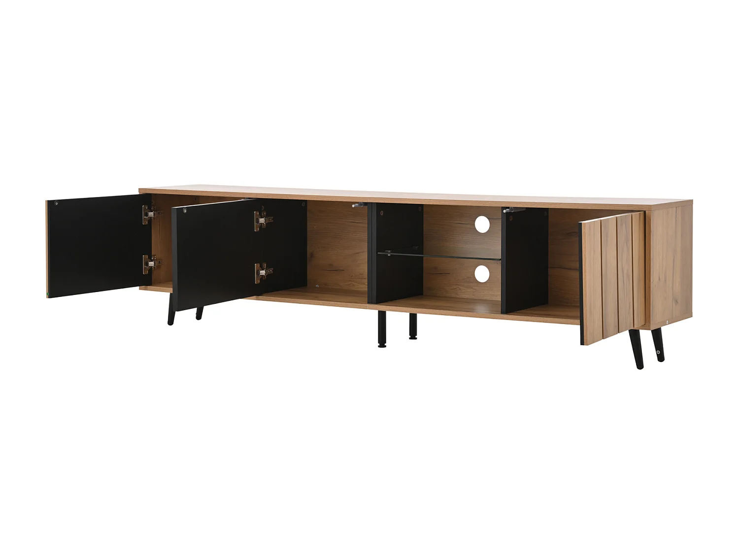 Mueble TV 175x31,5x45cm, 3 armarios, madera y negro, para hasta 75 pulgadas, minimalista