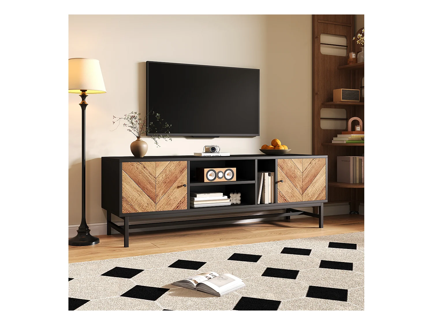 Mobiletto TV 150cm, Design Nero-Legno, ampio spazio di stoccaggio, moderno e minimalista