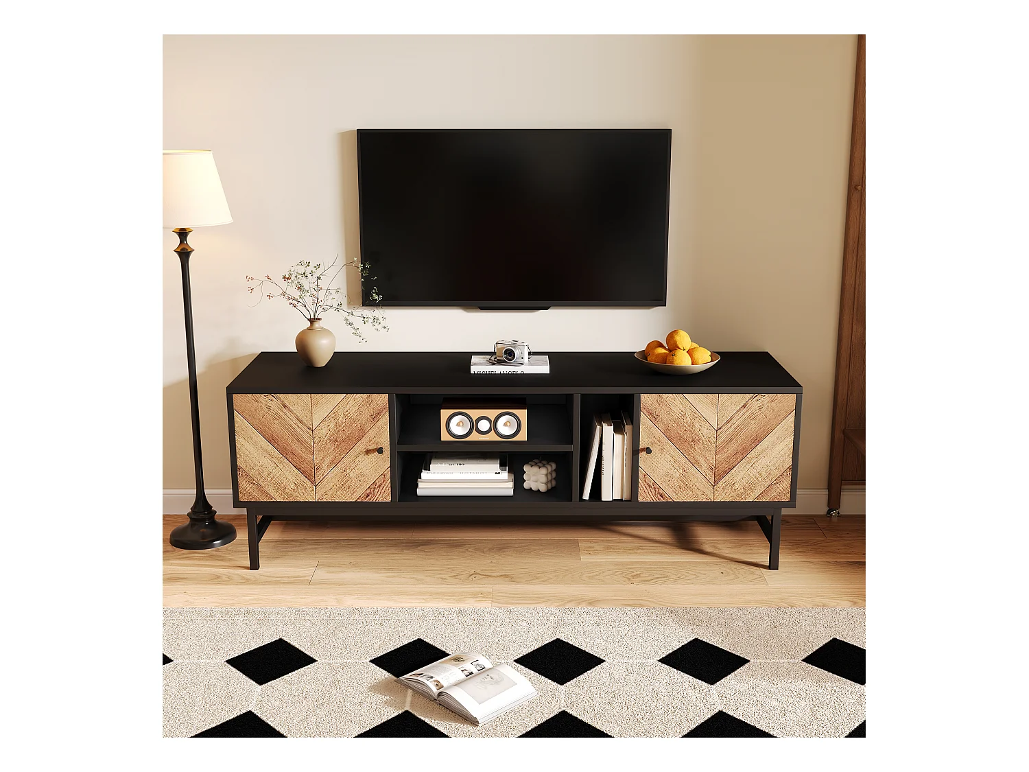 Mobiletto TV 150cm, Design Nero-Legno, ampio spazio di stoccaggio, moderno e minimalista