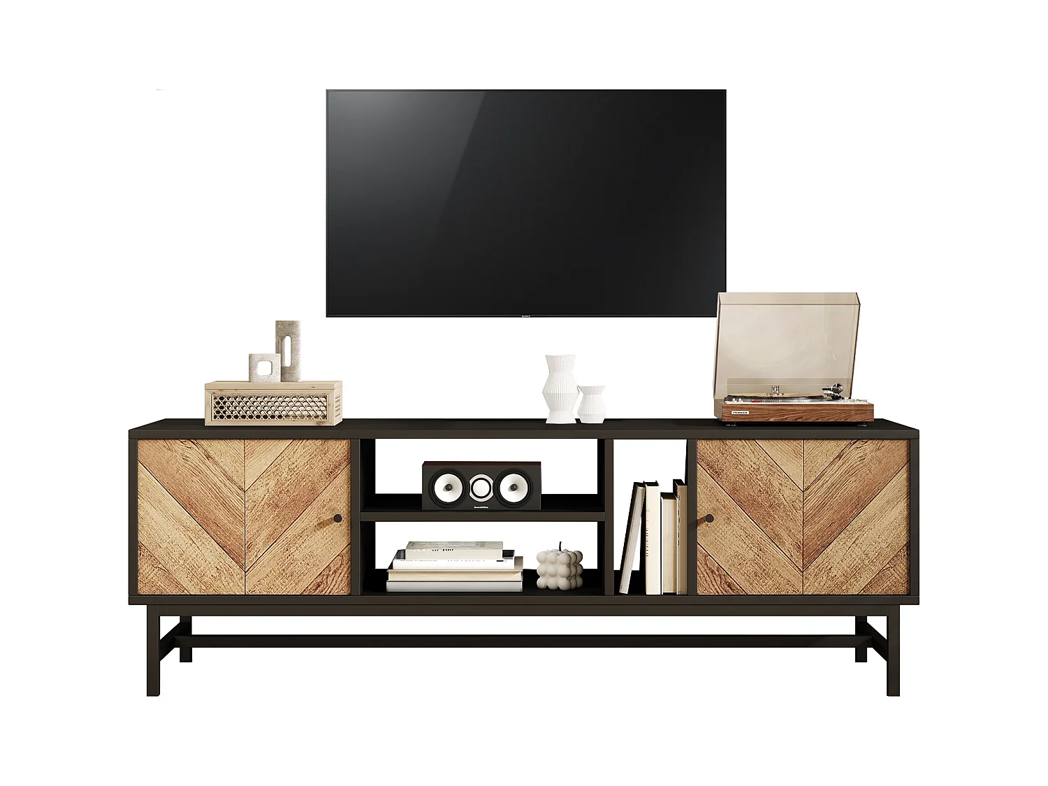 Mobiletto TV 150cm, Design Nero-Legno, ampio spazio di stoccaggio, moderno e minimalista