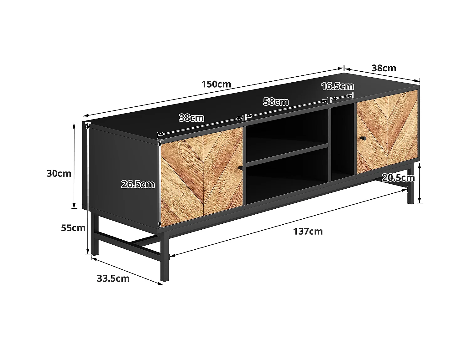 Mobiletto TV 150cm, Design Nero-Legno, ampio spazio di stoccaggio, moderno e minimalista