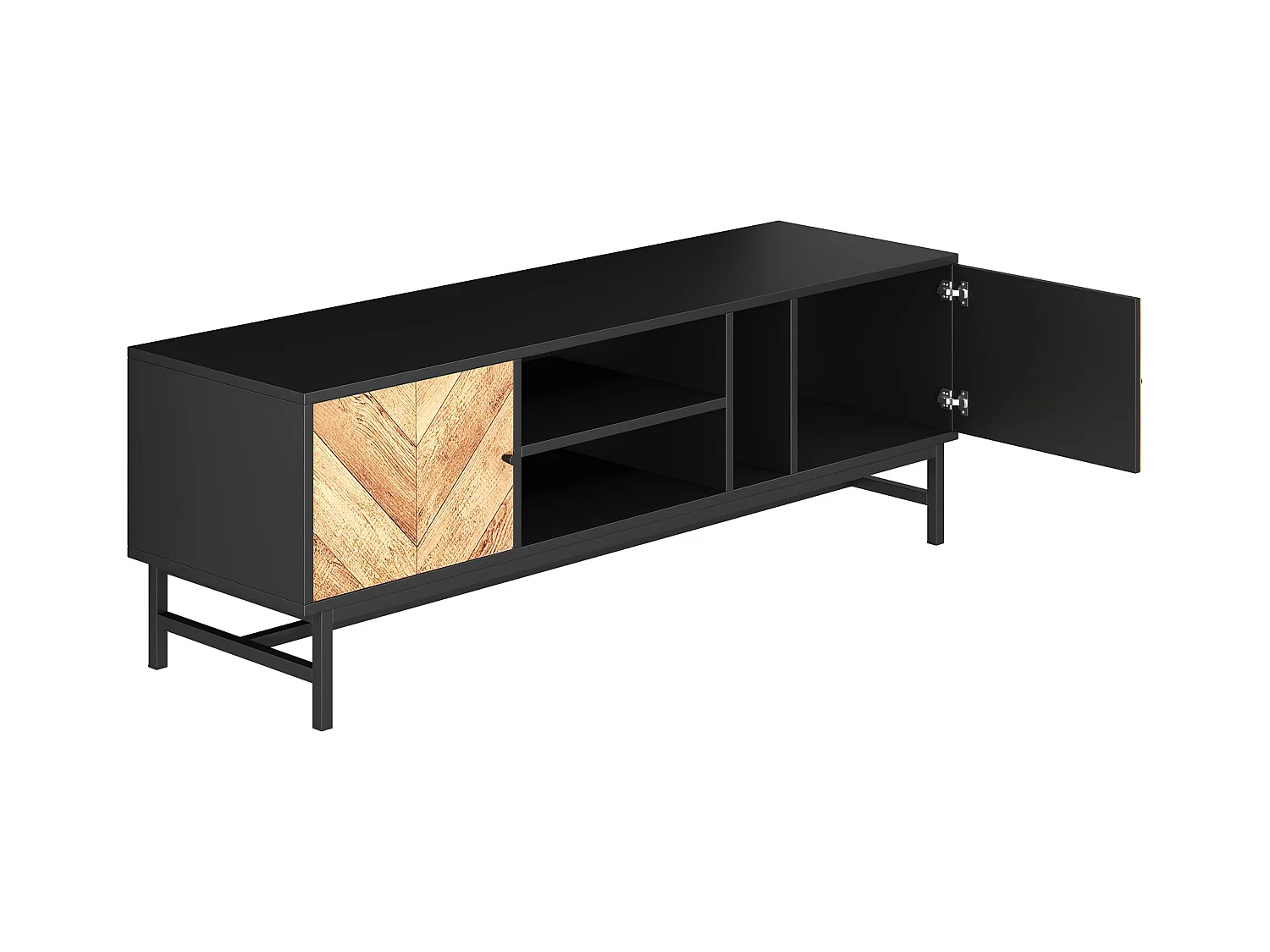 Mobiletto TV 150cm, Design Nero-Legno, ampio spazio di stoccaggio, moderno e minimalista