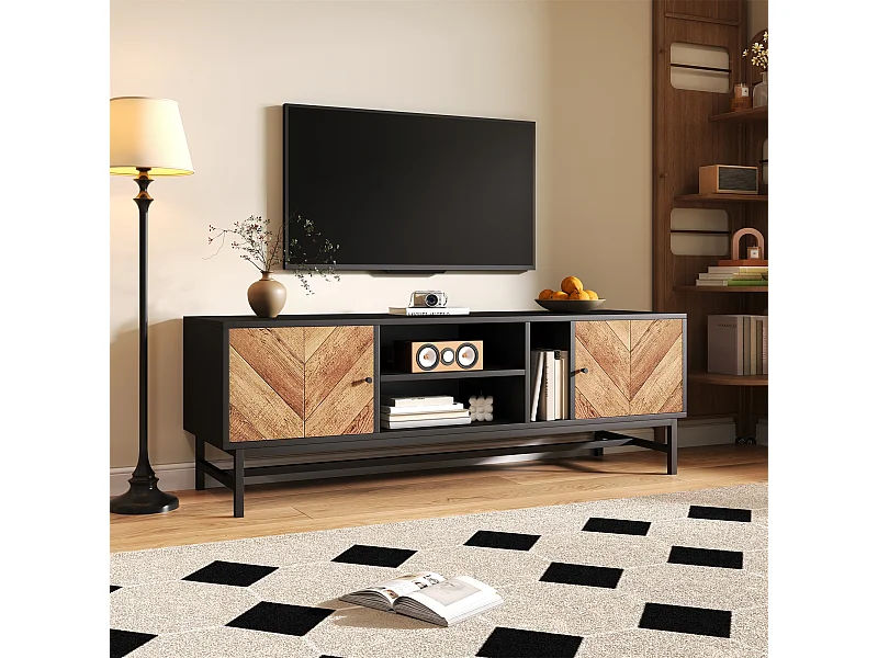 Mobiletto TV 150cm, Design Nero-Legno, ampio spazio di stoccaggio, moderno e minimalista