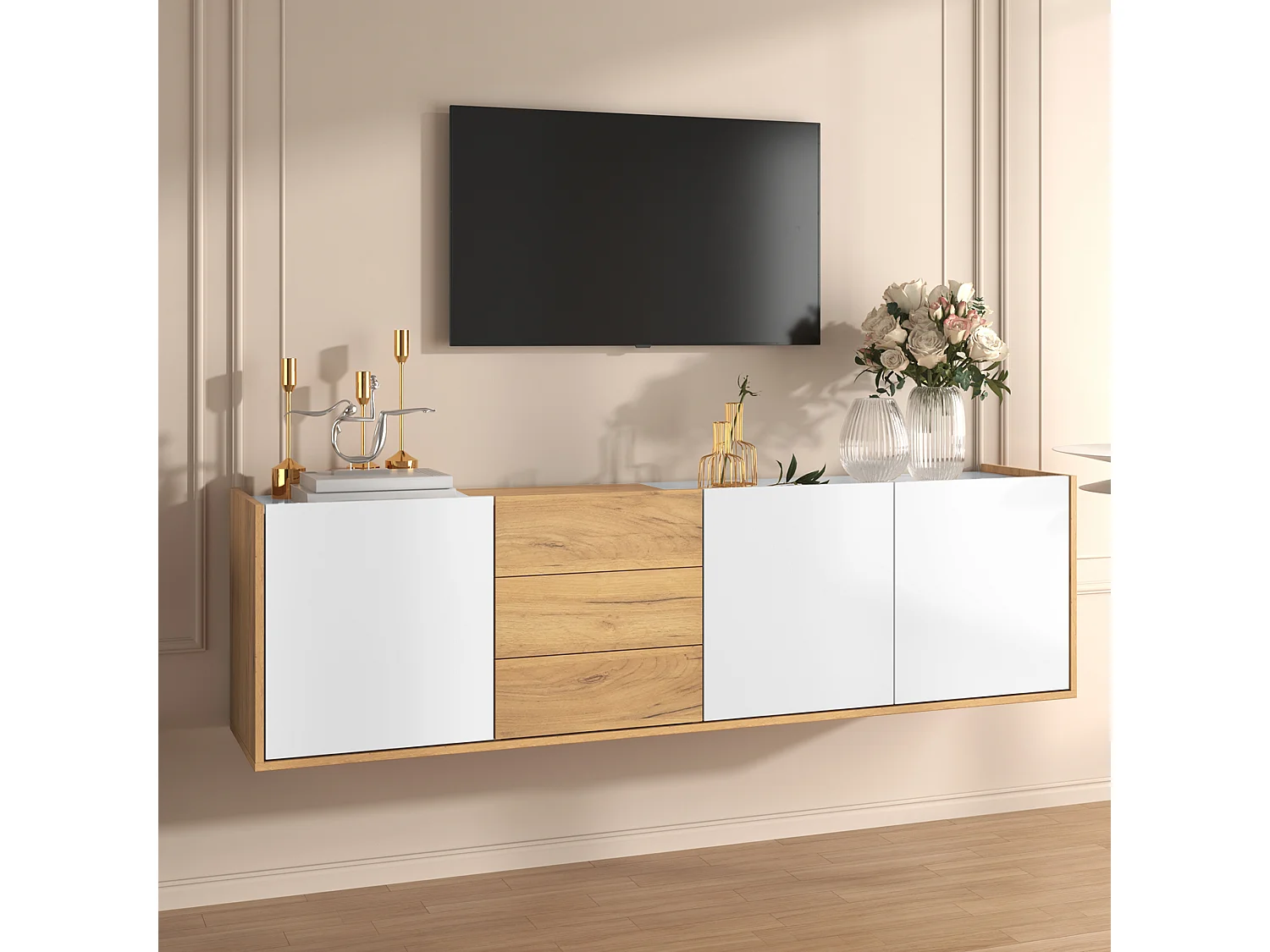 Meuble TV bas, blanc et couleur bois, montage mural ou au sol, minimaliste