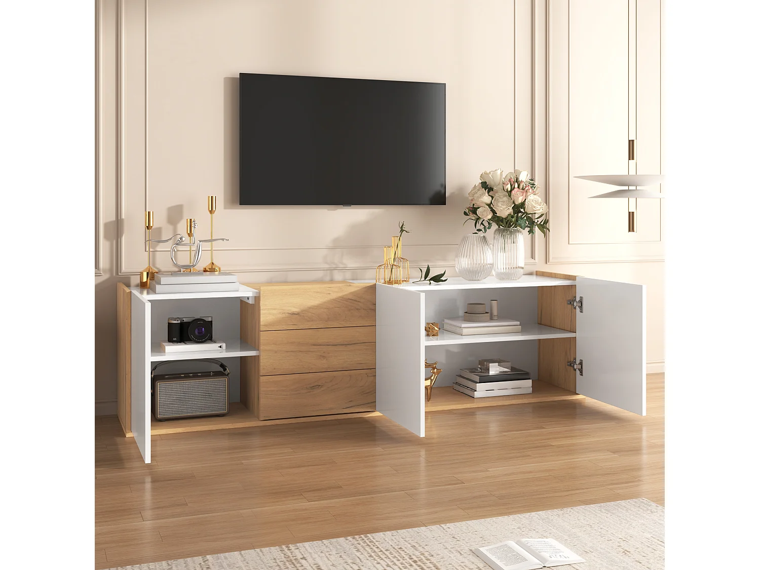 Meuble TV bas, blanc et couleur bois, montage mural ou au sol, minimaliste