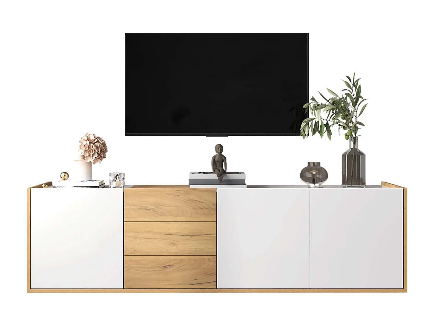 Meuble TV bas, blanc et couleur bois, montage mural ou au sol, minimaliste