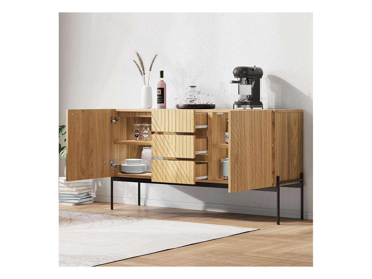 Buffet 140x40x75cm, 2 portes et 3 tiroirs, pieds en métal, meuble TV, buffet