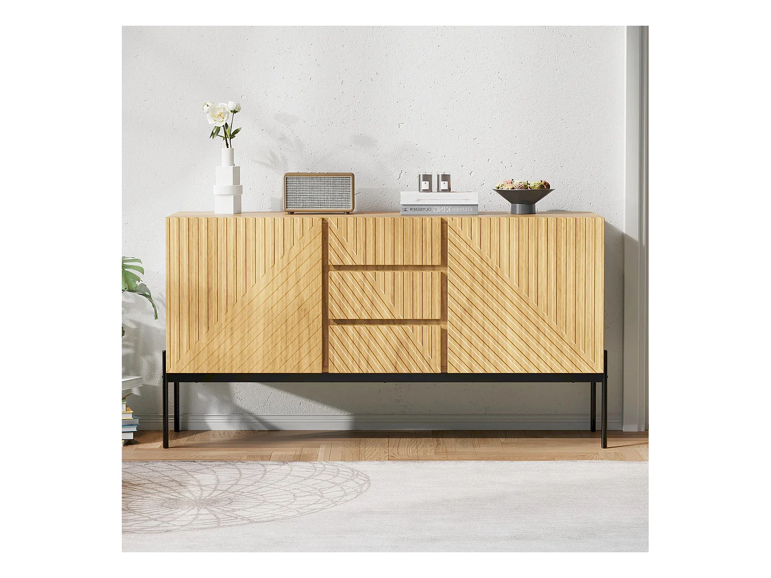 Buffet 140x40x75cm, 2 portes et 3 tiroirs, pieds en métal, meuble TV, buffet