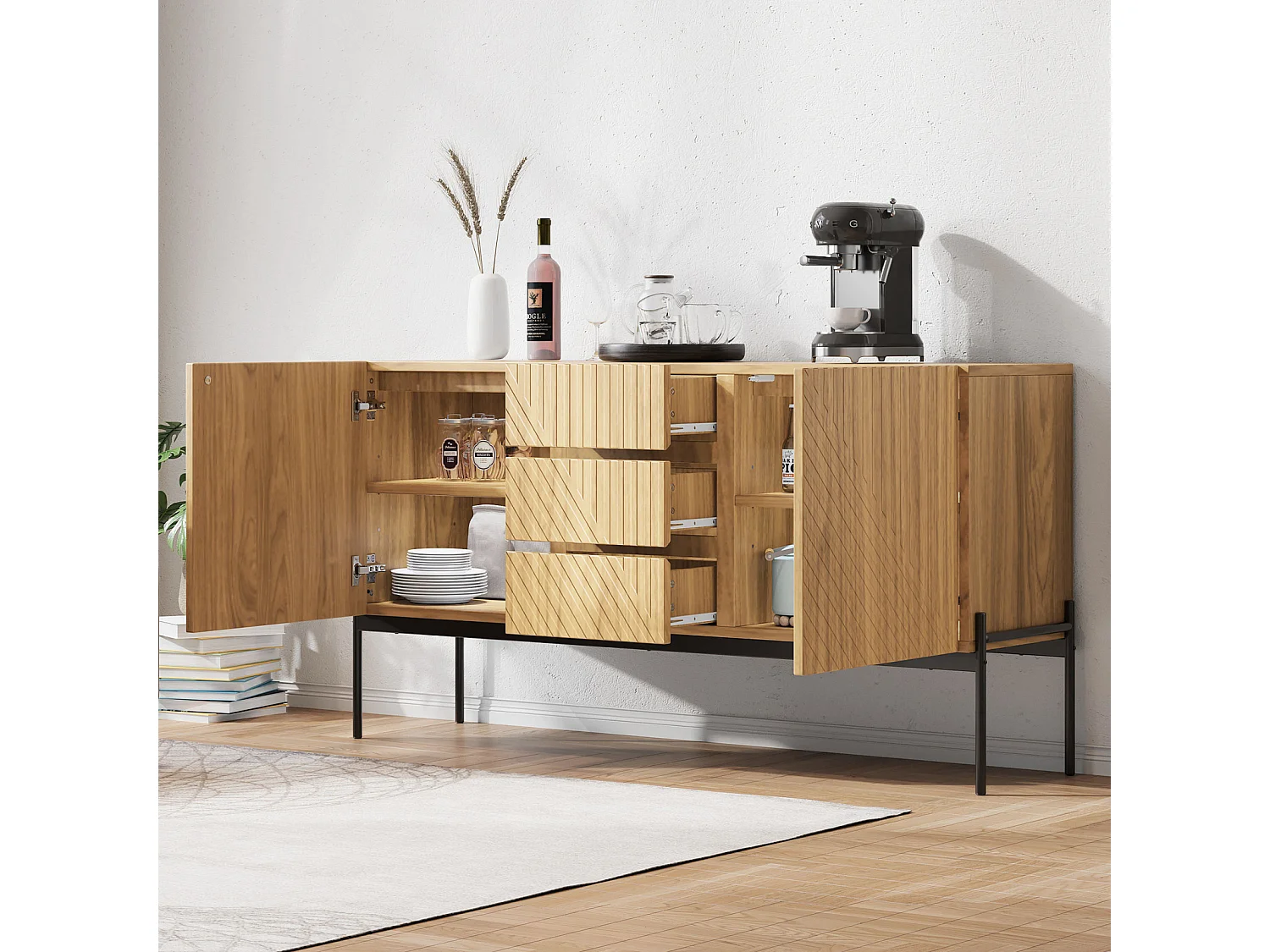 Sideboard 140x40x75cm, 2 deuren & 3 laden, Metaalpoten, TV-kast, Buffet