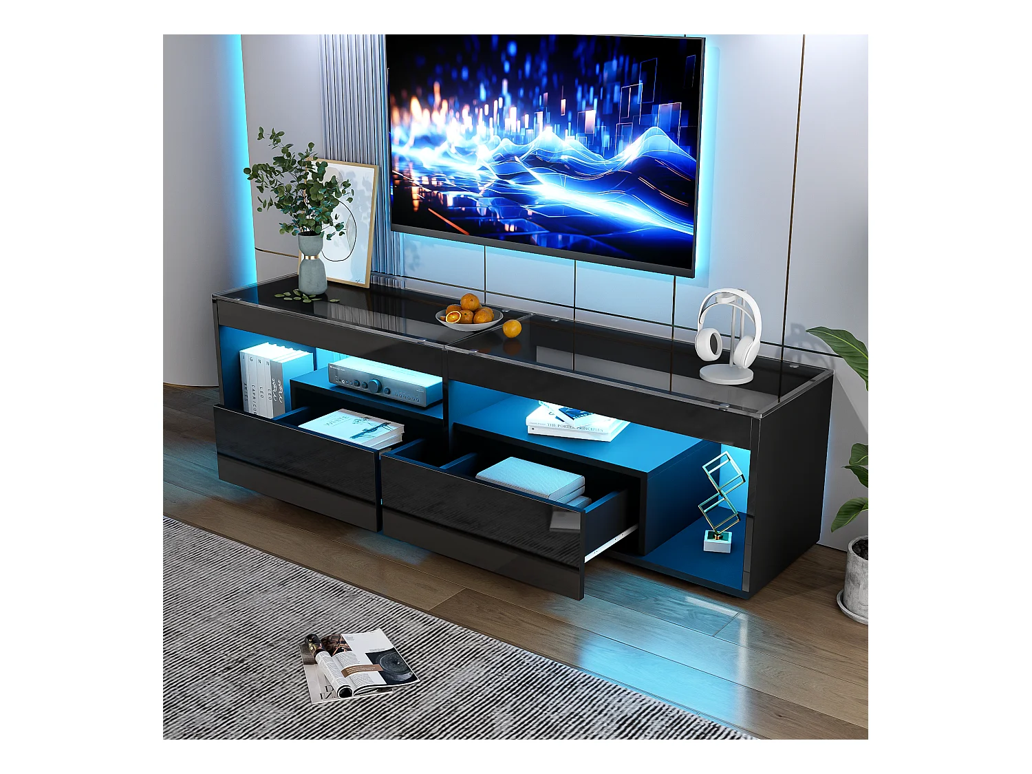 Mobiletto TV, Nero lucido, con LED, 2 cassetti, per televisori fino a 70 pollici