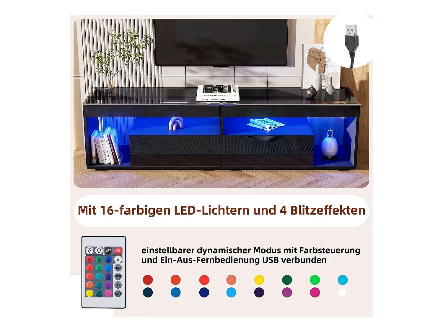 Mobiletto TV, Nero lucido, con LED, 2 cassetti, per televisori fino a 70 pollici