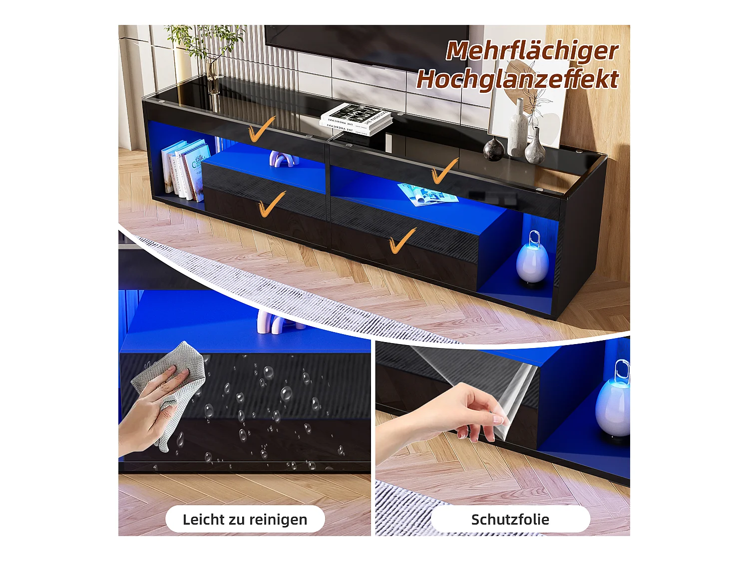 Mobiletto TV, Nero lucido, con LED, 2 cassetti, per televisori fino a 70 pollici